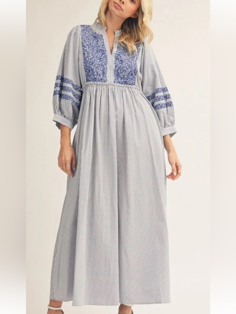 J Marie striped blue and white dress with embroidery small